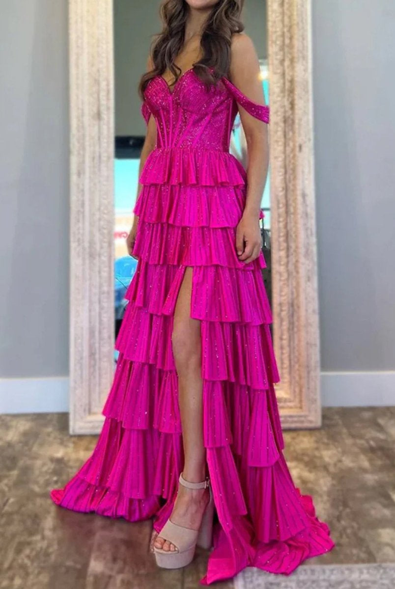 Verve | A Line V Neck Satin Tiered Long Prom Dresses With Beads - KissProm