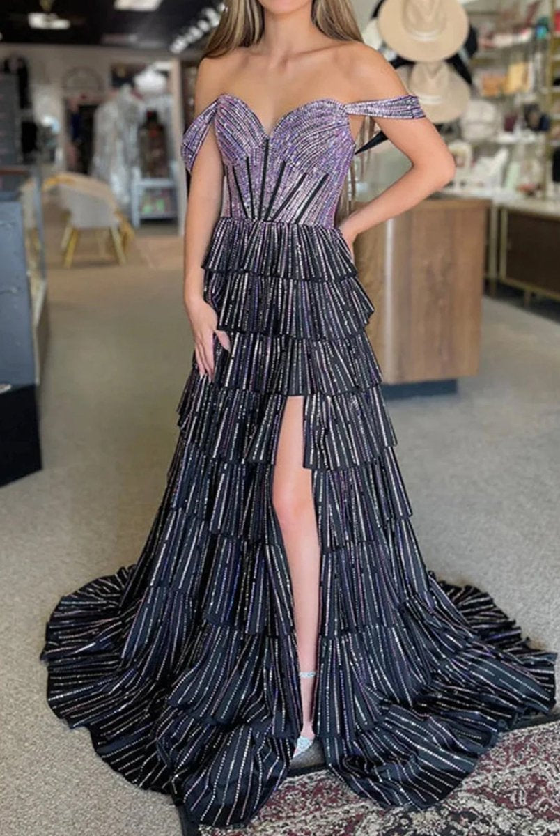 Verve | A Line V Neck Satin Tiered Long Prom Dresses With Beads - KissProm