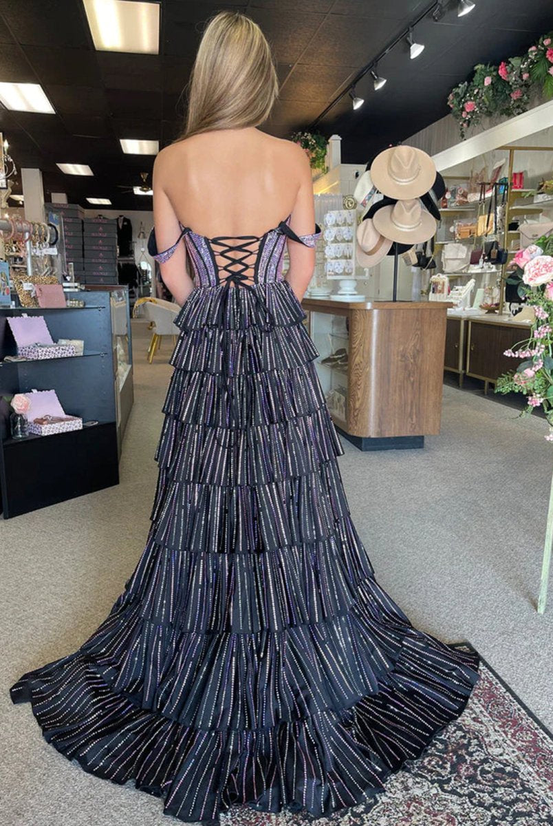 Verve | A Line V Neck Satin Tiered Long Prom Dresses With Beads - KissProm