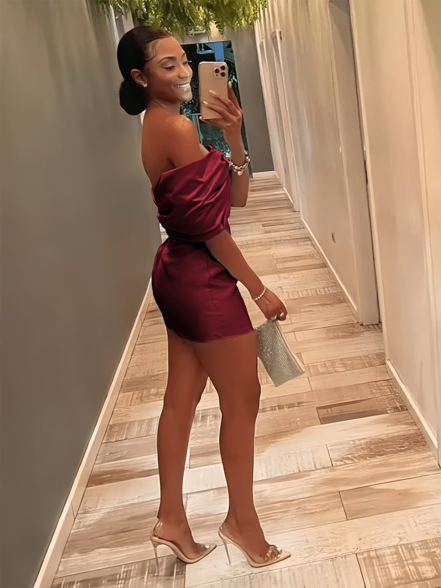 Vian | Burgundy - Off The Shoulder Satin Bodycon Short Homecoming Dress With Beading