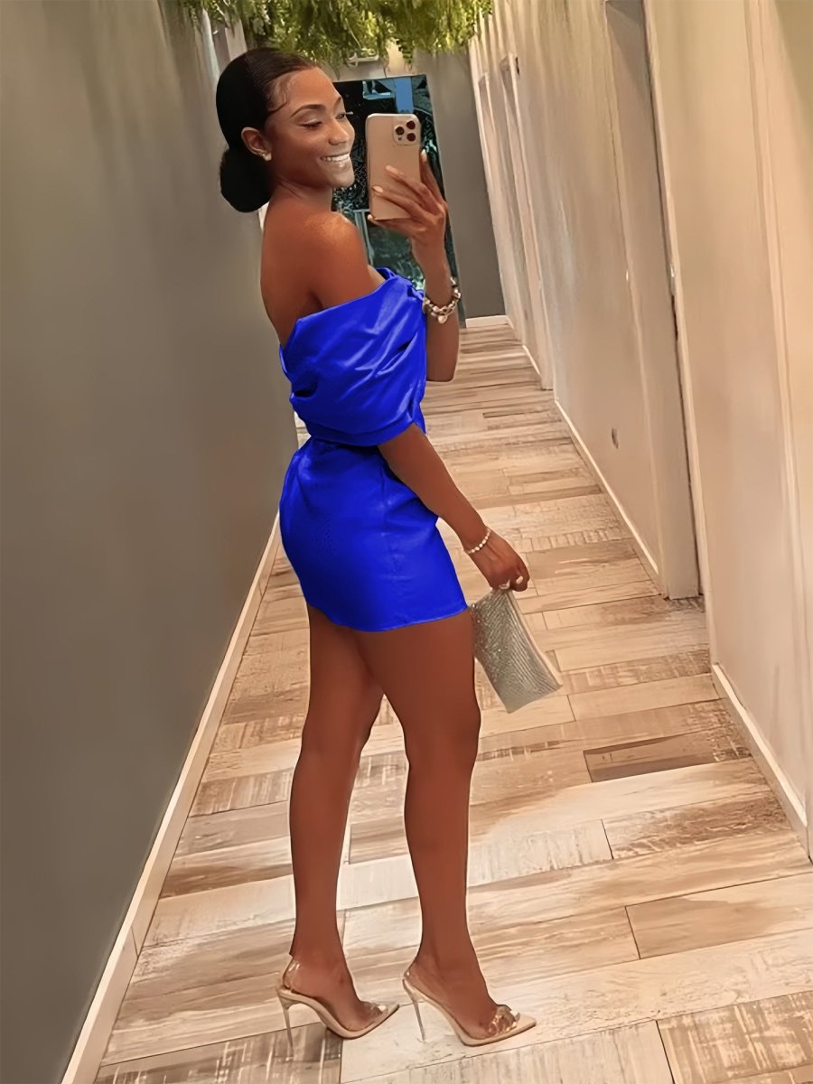 Vian | Royal Blue - Off The Shoulder Satin Bodycon Short Homecoming Dress With Beading