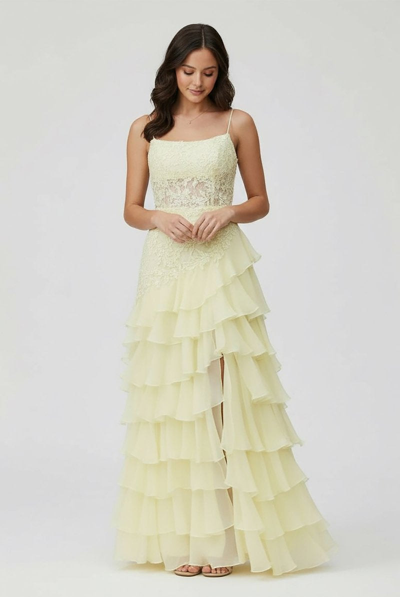 KissProm-Victorie Spaghetti Straps Appliques A - Line Layered Chiffon Prom Dress with Slit