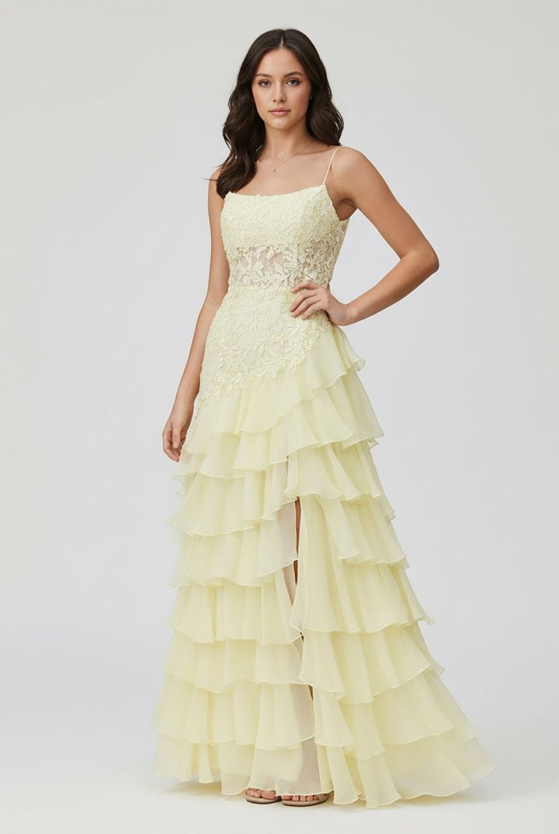 KissProm-Victorie Spaghetti Straps Appliques A - Line Layered Chiffon Prom Dress with Slit