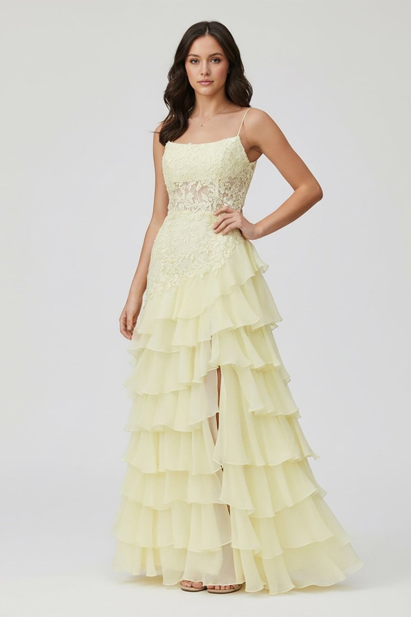 KissProm-Victorie Spaghetti Straps Appliques A - Line Layered Chiffon Prom Dress with Slit