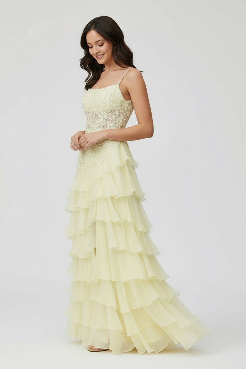 KissProm-Victorie Spaghetti Straps Appliques A - Line Layered Chiffon Prom Dress with Slit