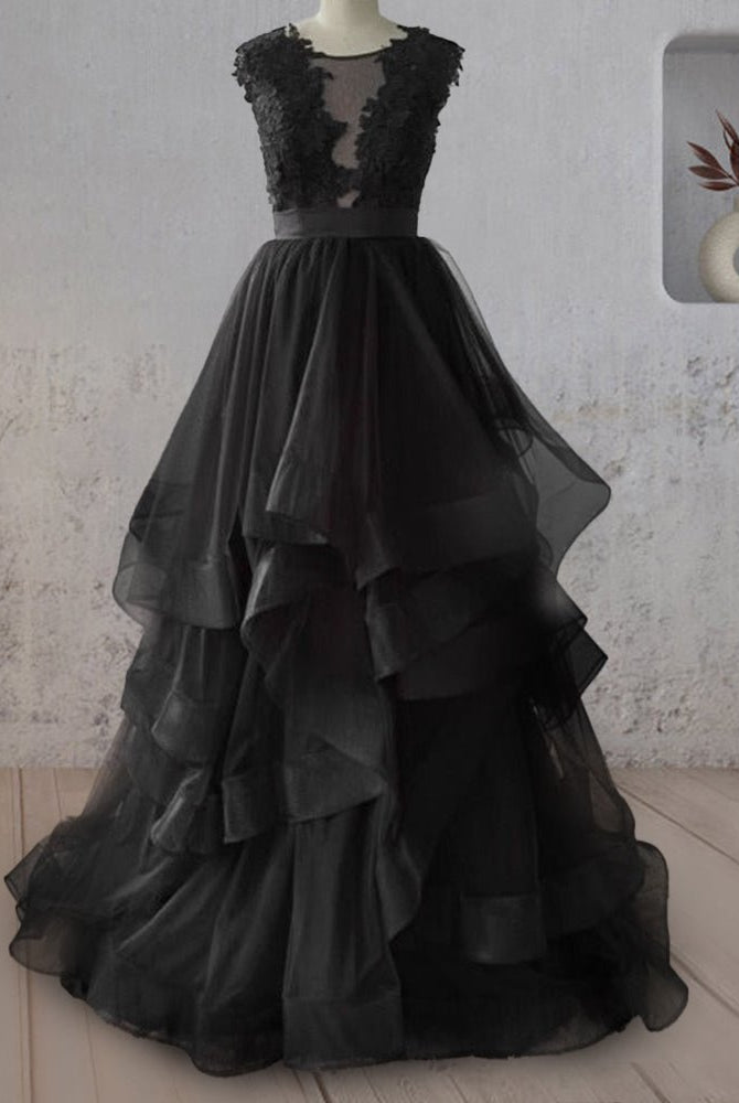 Vintage A - Line Black Tulle Wedding Dress with Ruffles - KissProm
