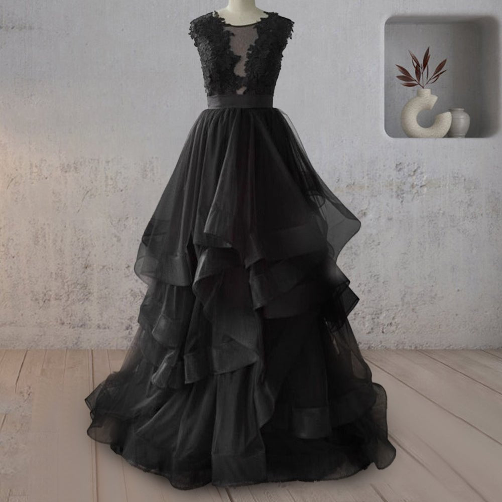 Vintage A - Line Black Tulle Wedding Dress with Ruffles - KissProm