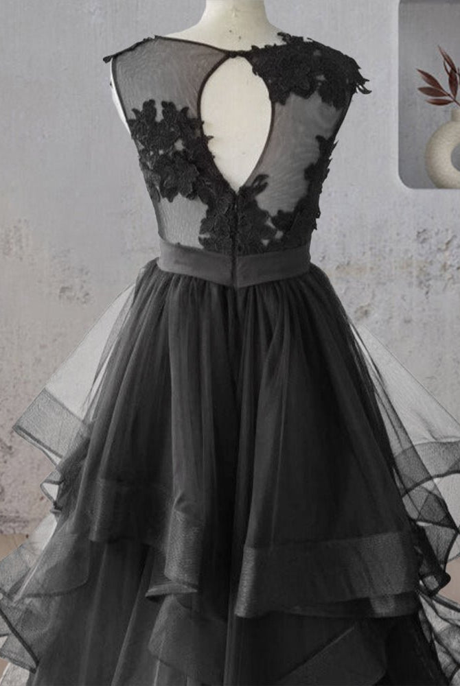 Vintage A - Line Black Tulle Wedding Dress with Ruffles - KissProm