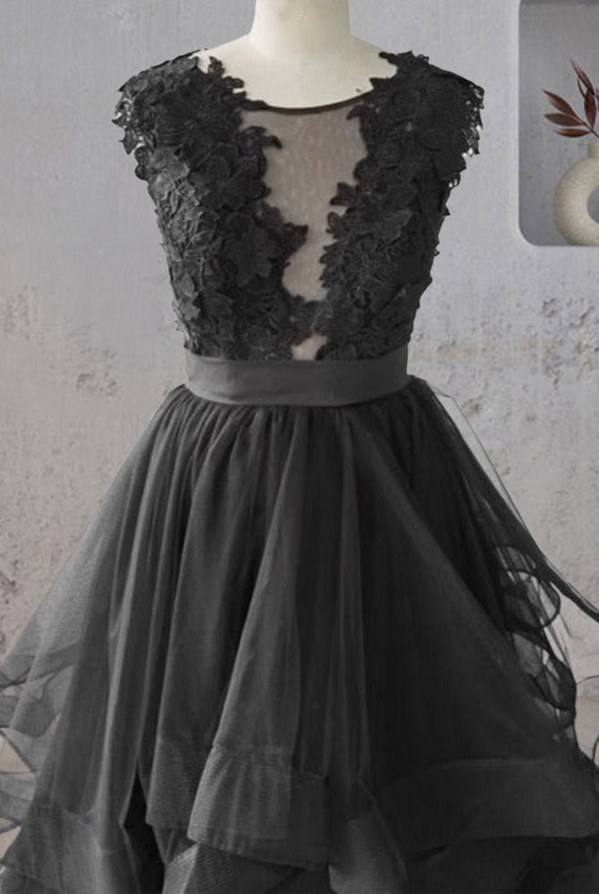 Vintage A - Line Black Tulle Wedding Dress with Ruffles - KissProm