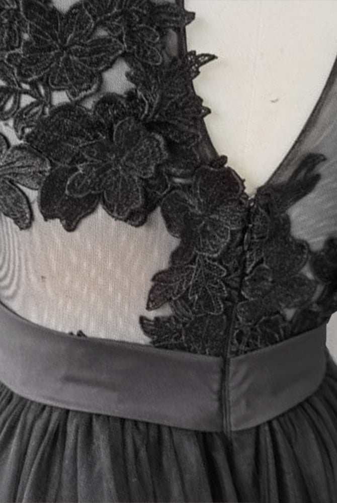 Vintage A - Line Black Tulle Wedding Dress with Ruffles - KissProm