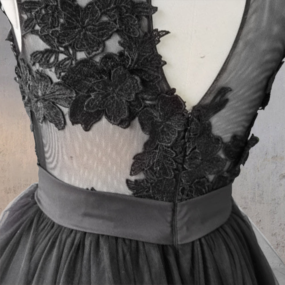 Vintage A - Line Black Tulle Wedding Dress with Ruffles - KissProm