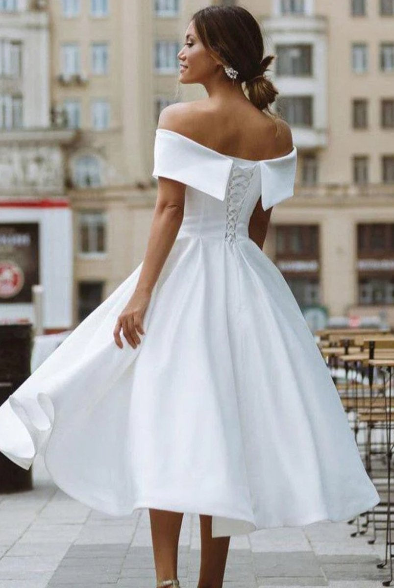 A - Line Satin Tea Length White Off the Shoulder Wedding Dress - KissProm
