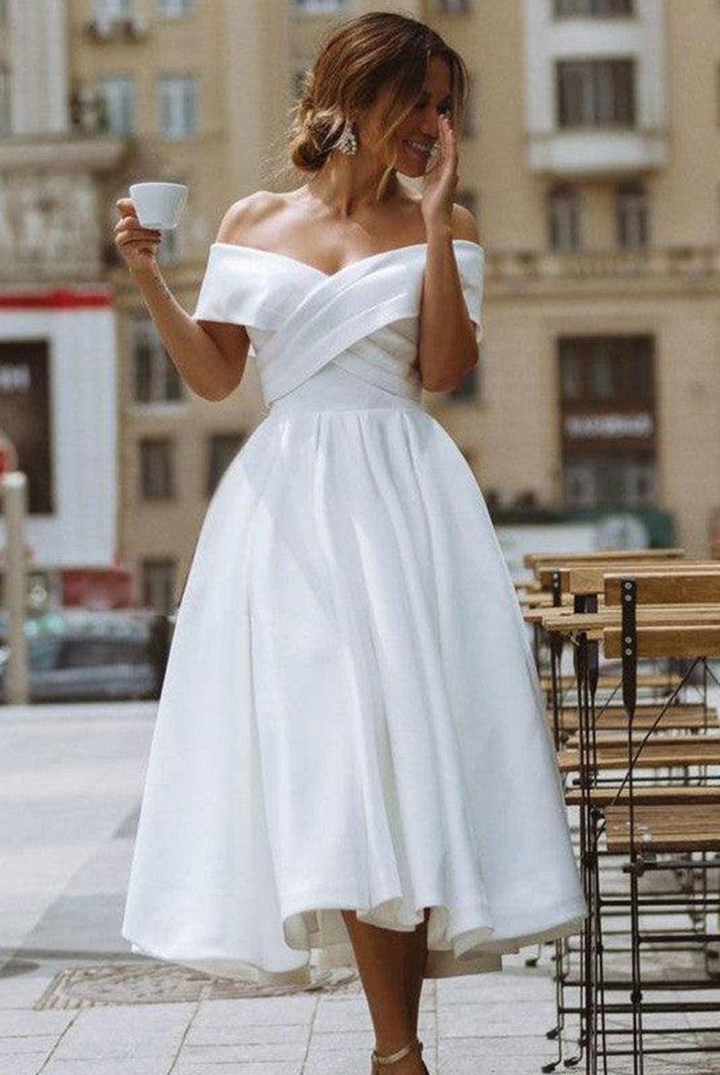 A - Line Satin Tea Length White Off the Shoulder Wedding Dress - KissProm
