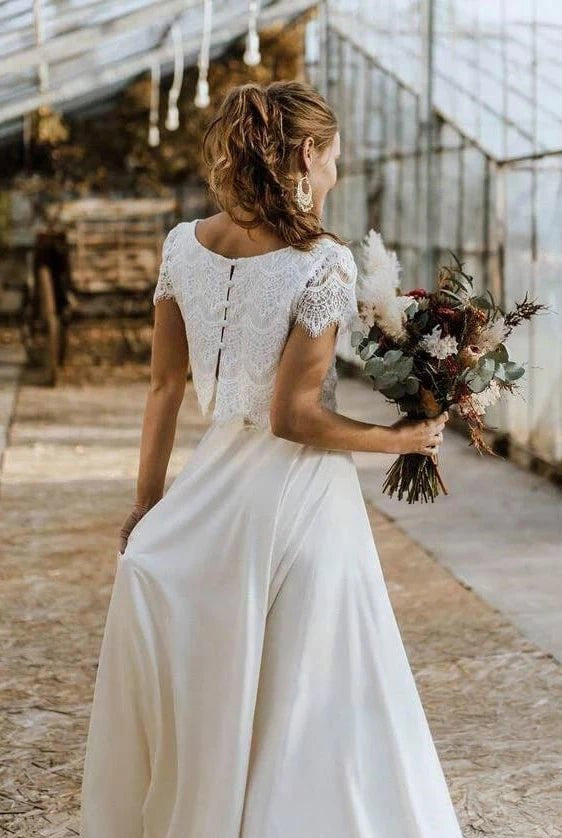 Vintage Boho Two-Piece Bateau Satin and Lace Short Sleeve Wedding Dress with Pleats and Sweep Train