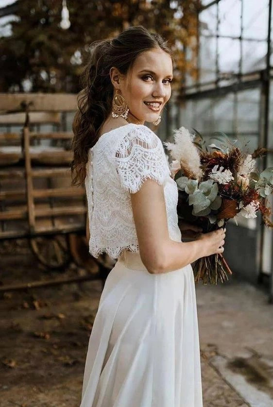 Vintage Boho Two-Piece Bateau Satin and Lace Short Sleeve Wedding Dress with Pleats and Sweep Train
