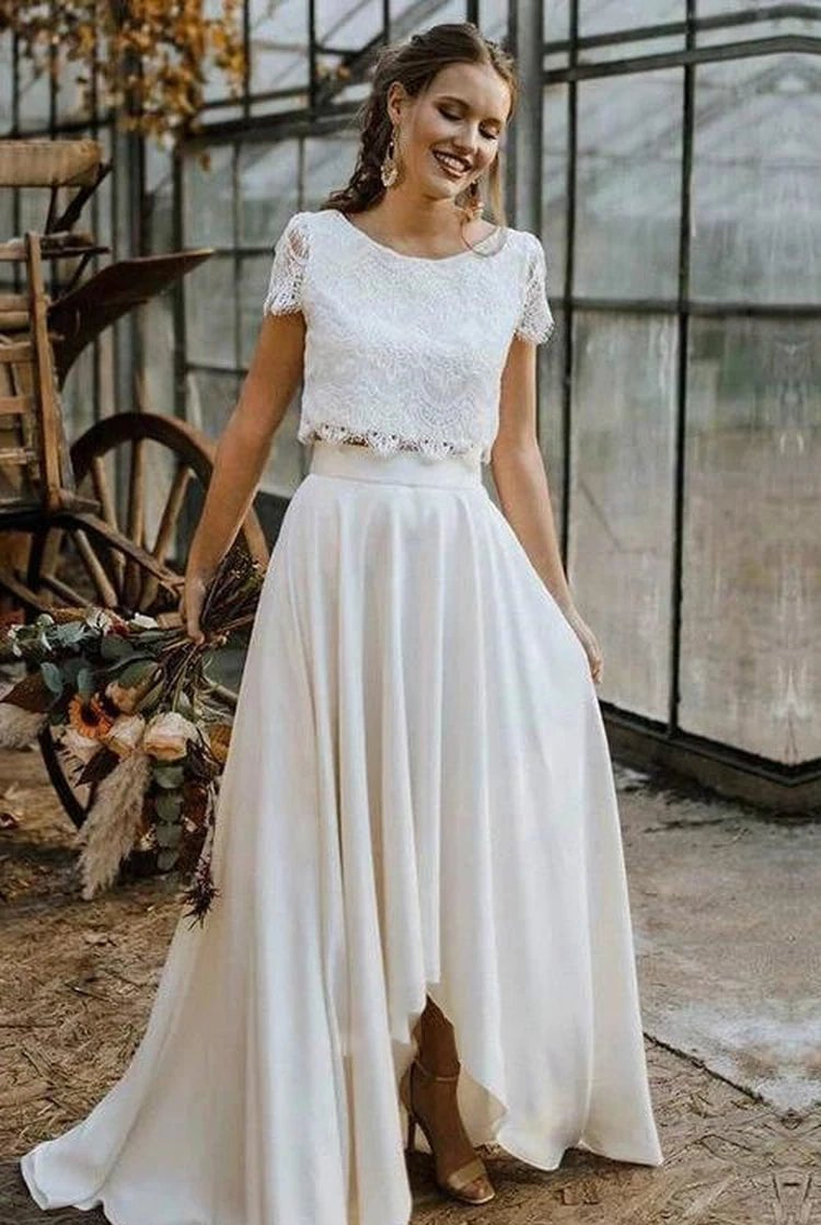 Vintage Boho Two-Piece Bateau Satin and Lace Short Sleeve Wedding Dress with Pleats and Sweep Train
