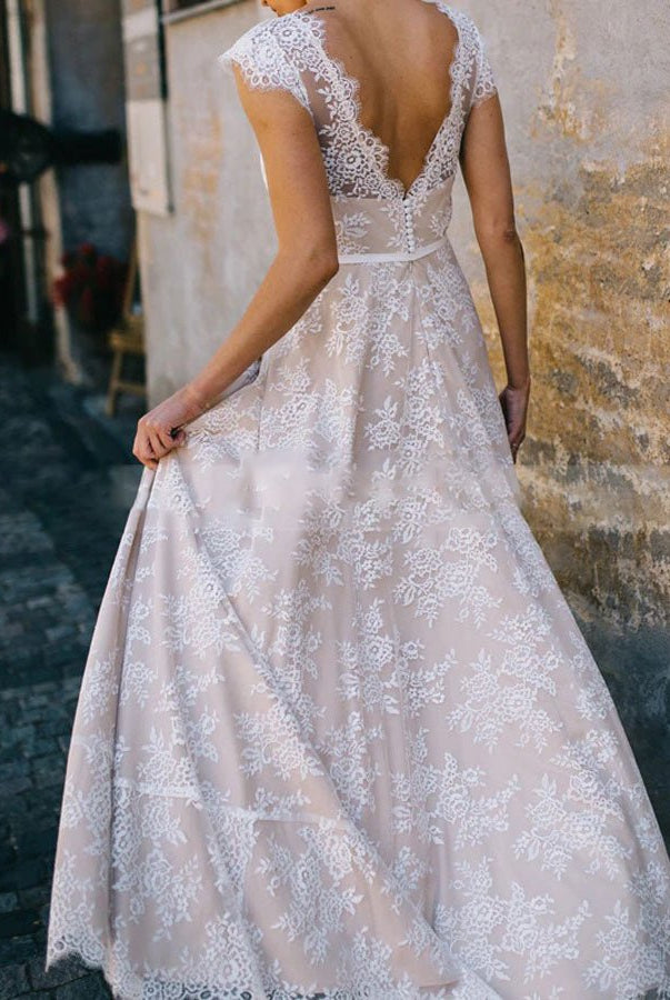 Light Champagne Lace Appliques A Line Cap Sleeve Sexy Backless Bridal Gown