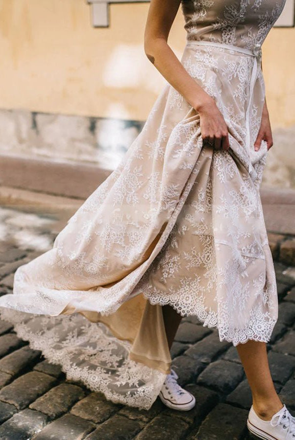 Light Champagne Lace Appliques A Line Cap Sleeve Sexy Backless Bridal Gown