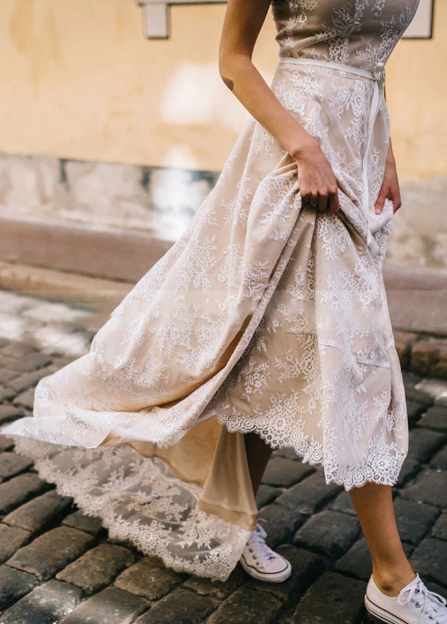 Light Champagne Lace Appliques A Line Cap Sleeve Sexy Backless Bridal Gown