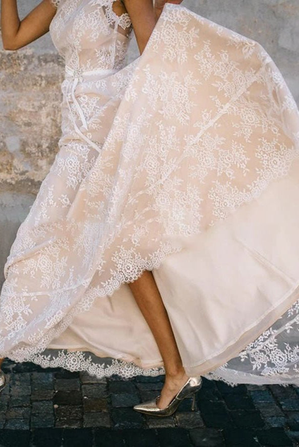Light Champagne Lace Appliques A Line Cap Sleeve Sexy Backless Bridal Gown