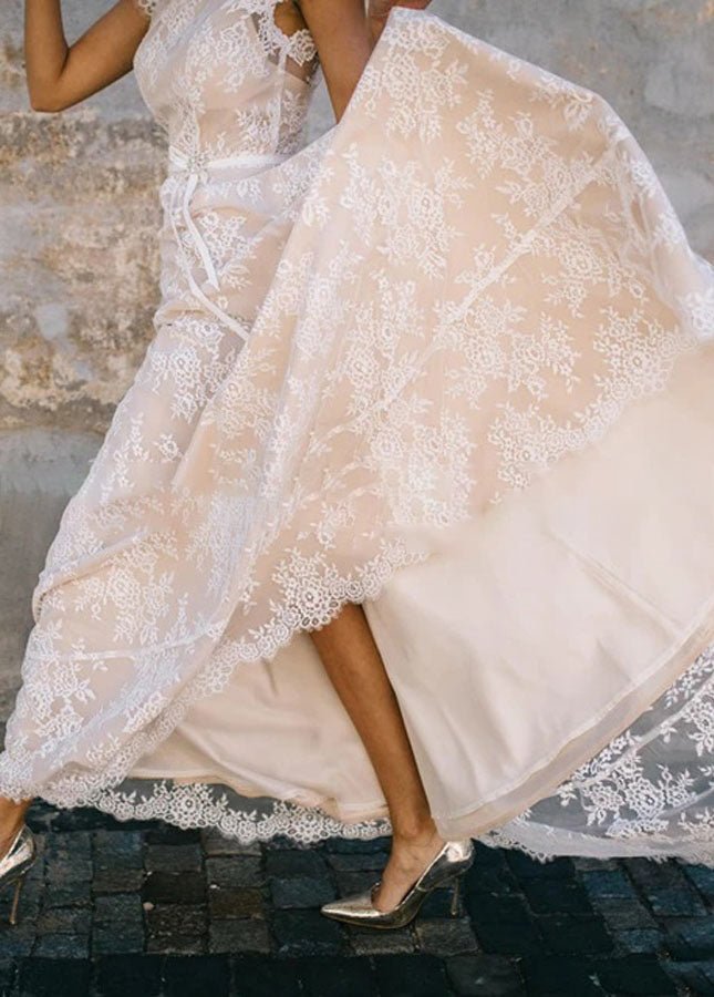 Light Champagne Lace Appliques A Line Cap Sleeve Sexy Backless Bridal Gown