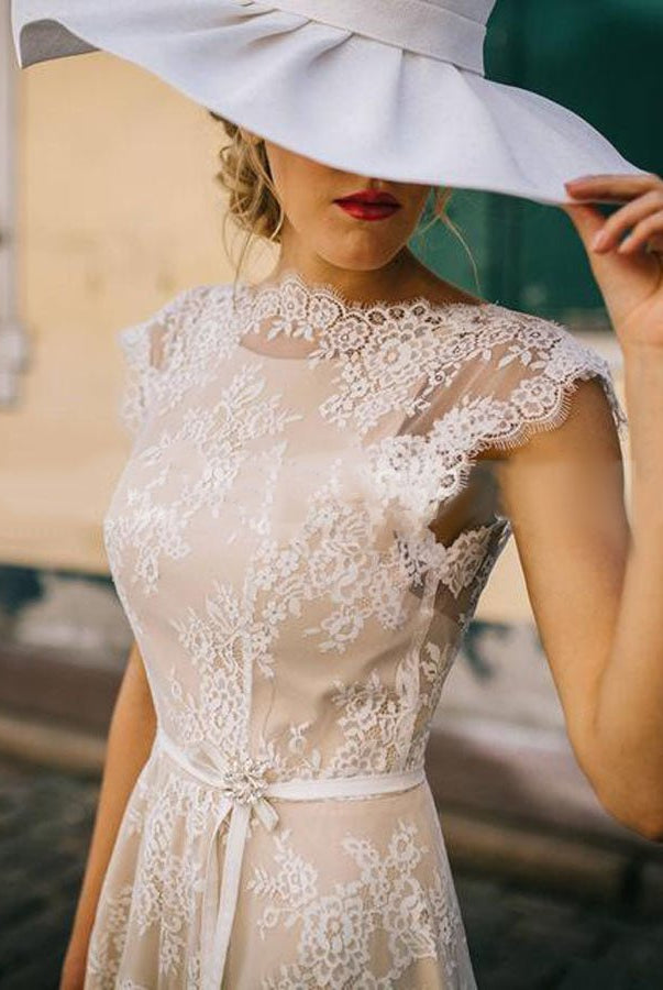 Light Champagne Lace Appliques A Line Cap Sleeve Sexy Backless Bridal Gown