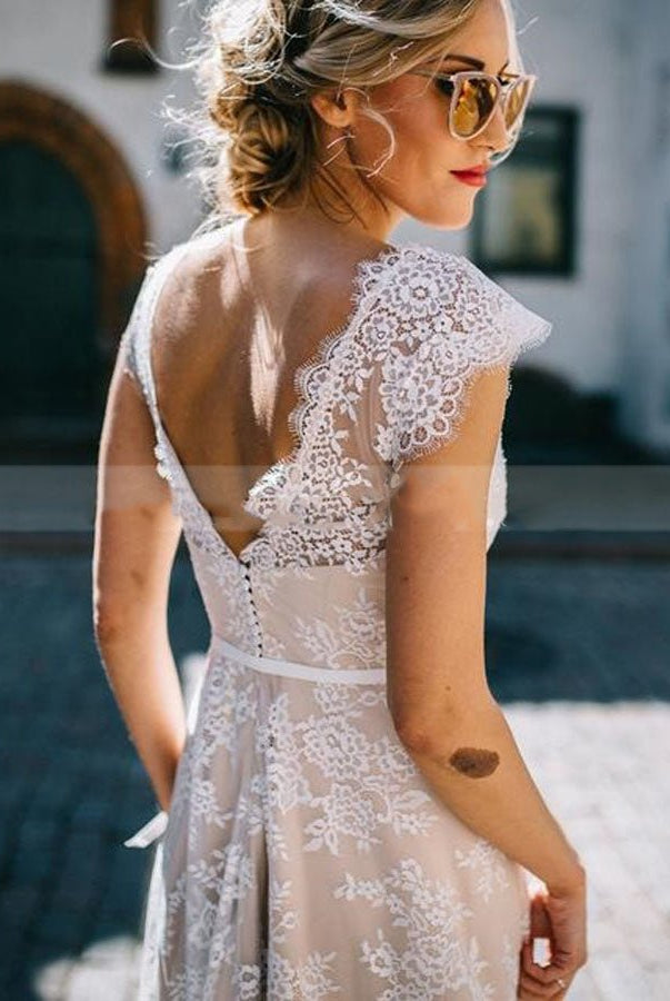 Light Champagne Lace Appliques A Line Cap Sleeve Sexy Backless Bridal Gown
