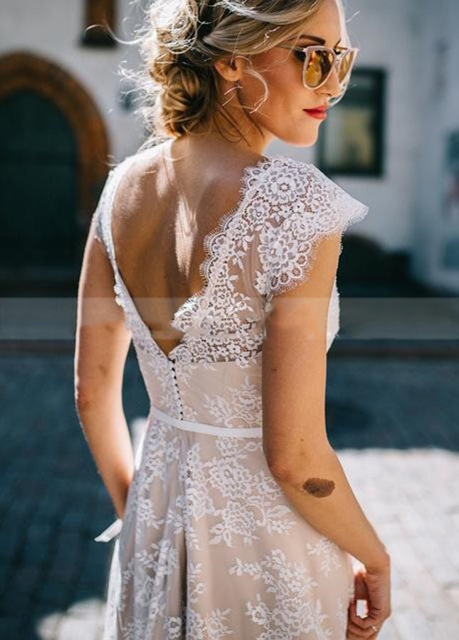 Light Champagne Lace Appliques A Line Cap Sleeve Sexy Backless Bridal Gown