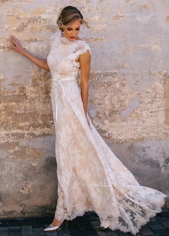 Lace Appliques Bodice A-Line Gown with Flowy Skirt Champagne main image 1