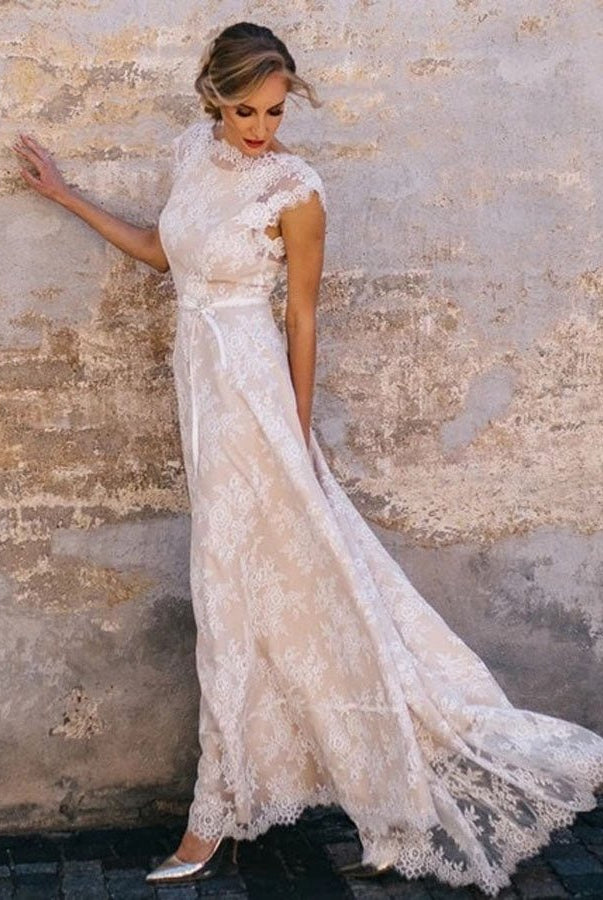 Light Champagne Lace Appliques A Line Cap Sleeve Sexy Backless Bridal Gown