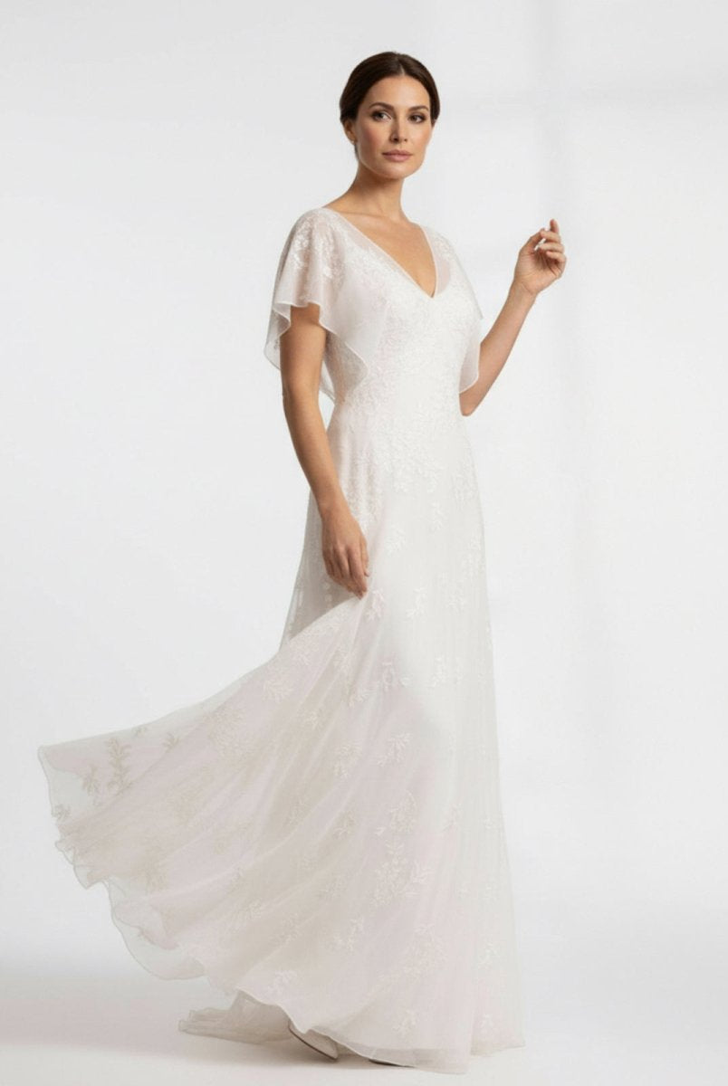 Vintage Graceful Floral V - neck V - back Side Button Decorated Lace Wedding Dress With Butterfly Sleeves - KissProm