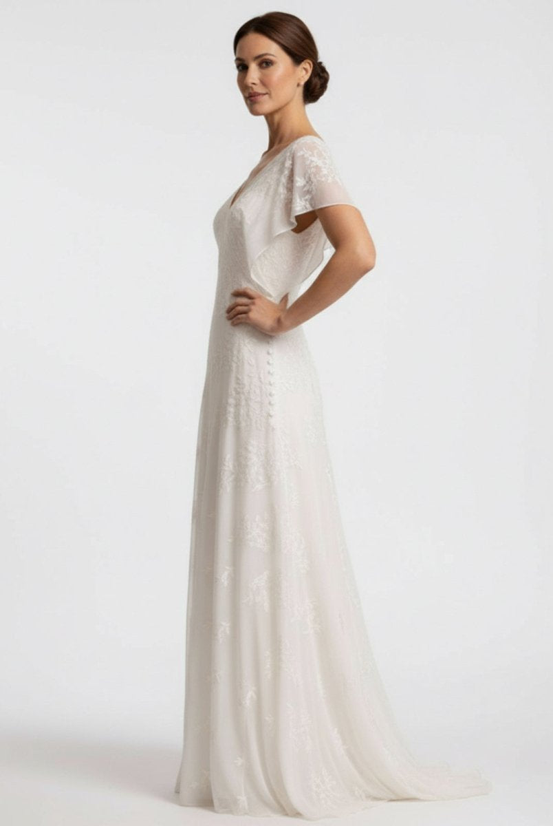 Vintage Graceful Floral V - neck V - back Side Button Decorated Lace Wedding Dress With Butterfly Sleeves - KissProm