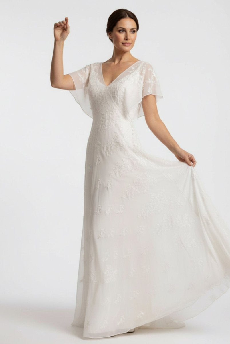 Vintage Graceful Floral V - neck V - back Side Button Decorated Lace Wedding Dress With Butterfly Sleeves - KissProm