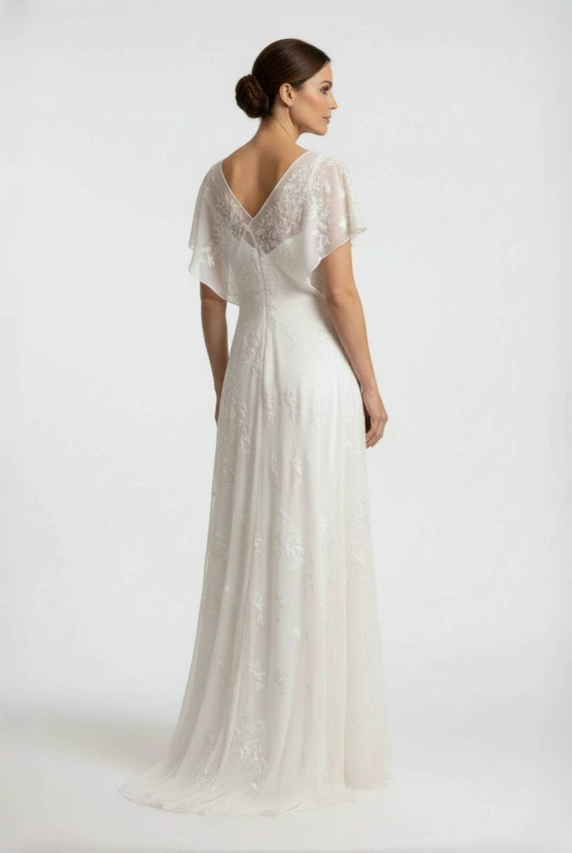 Vintage Graceful Floral V - neck V - back Side Button Decorated Lace Wedding Dress With Butterfly Sleeves - KissProm