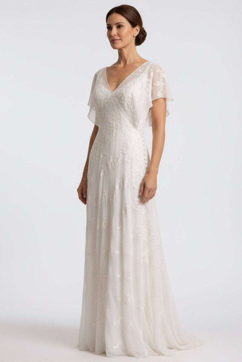 Vintage Graceful Floral V - neck V - back Side Button Decorated Lace Wedding Dress With Butterfly Sleeves - KissProm