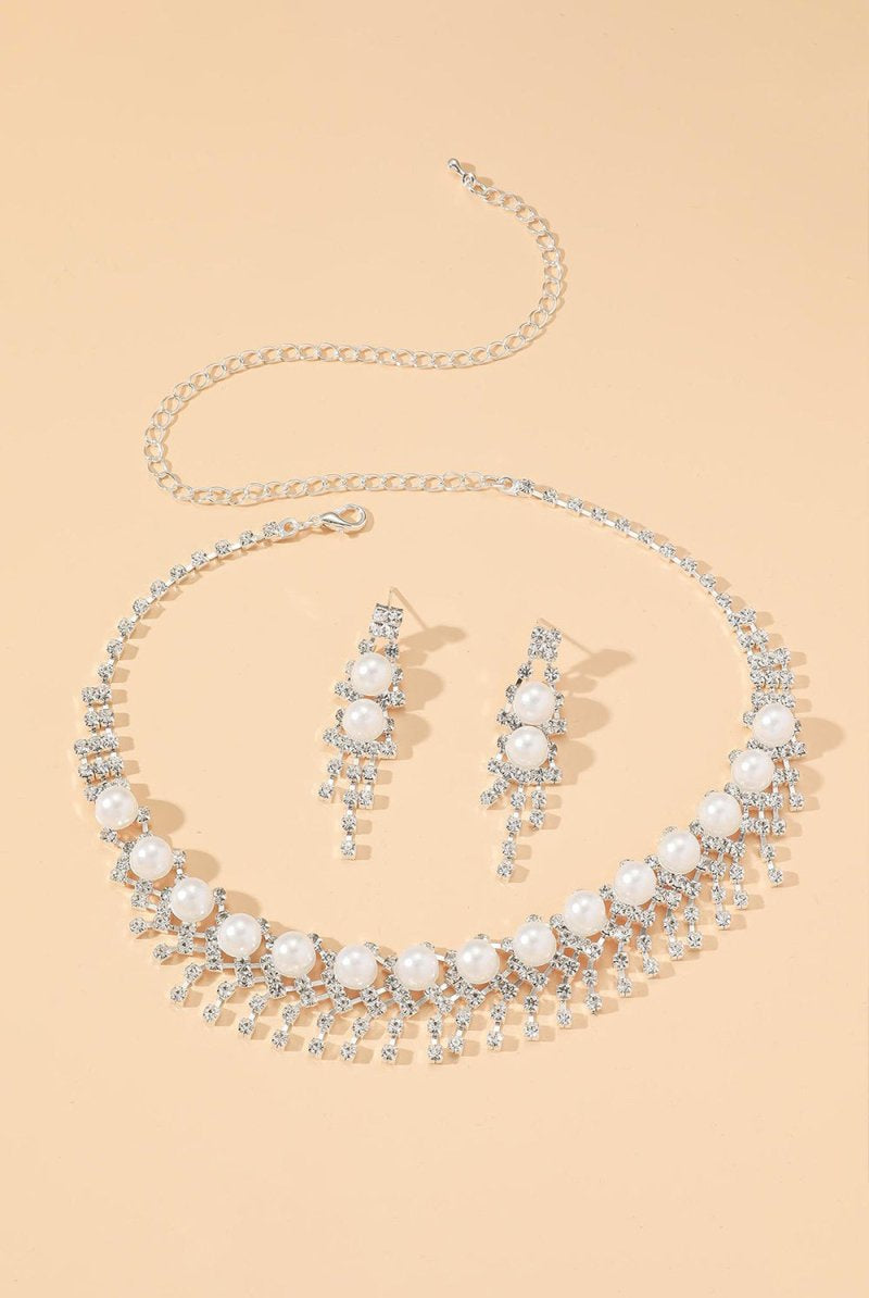 Vintage Pearl Rhinestone Necklace And Earrings Set - KissProm
