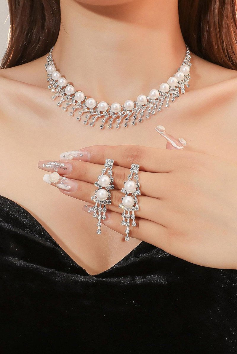 Vintage Pearl Rhinestone Necklace And Earrings Set - KissProm
