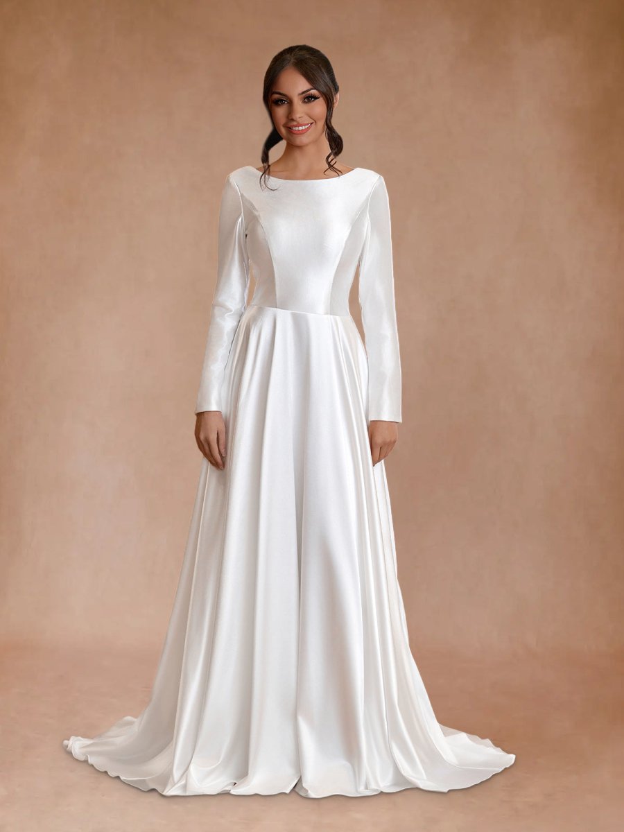 knee length dresses for ladies Vintage Satin A-Line Bateau Neckline Long Sleeves Bridal Gown Wedding Dresses, Diamond White / 6
