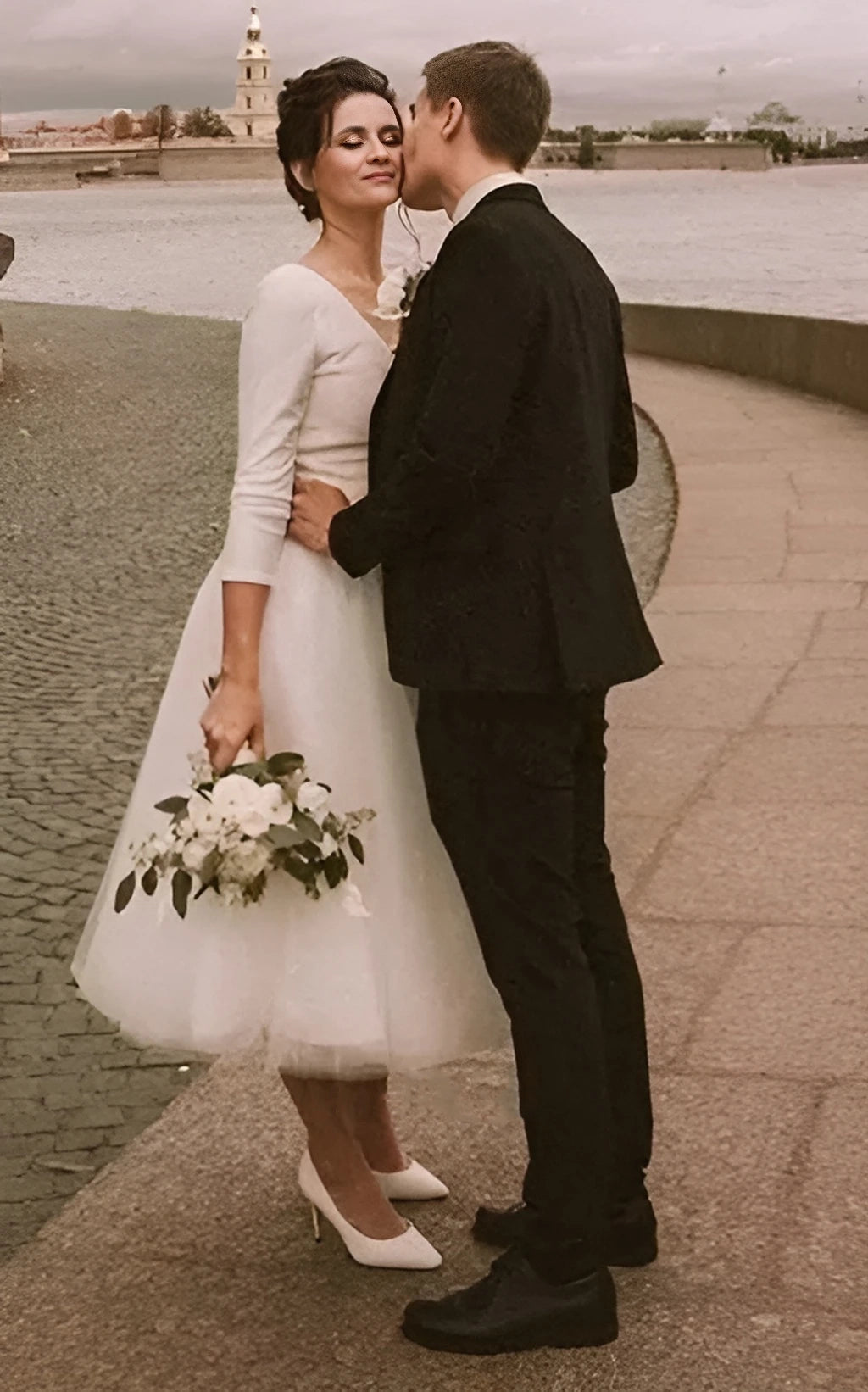 Vintage Short Casual Simple Long Sleeve A-line Tea-length Plunging Neckline Satin Wedding Dress