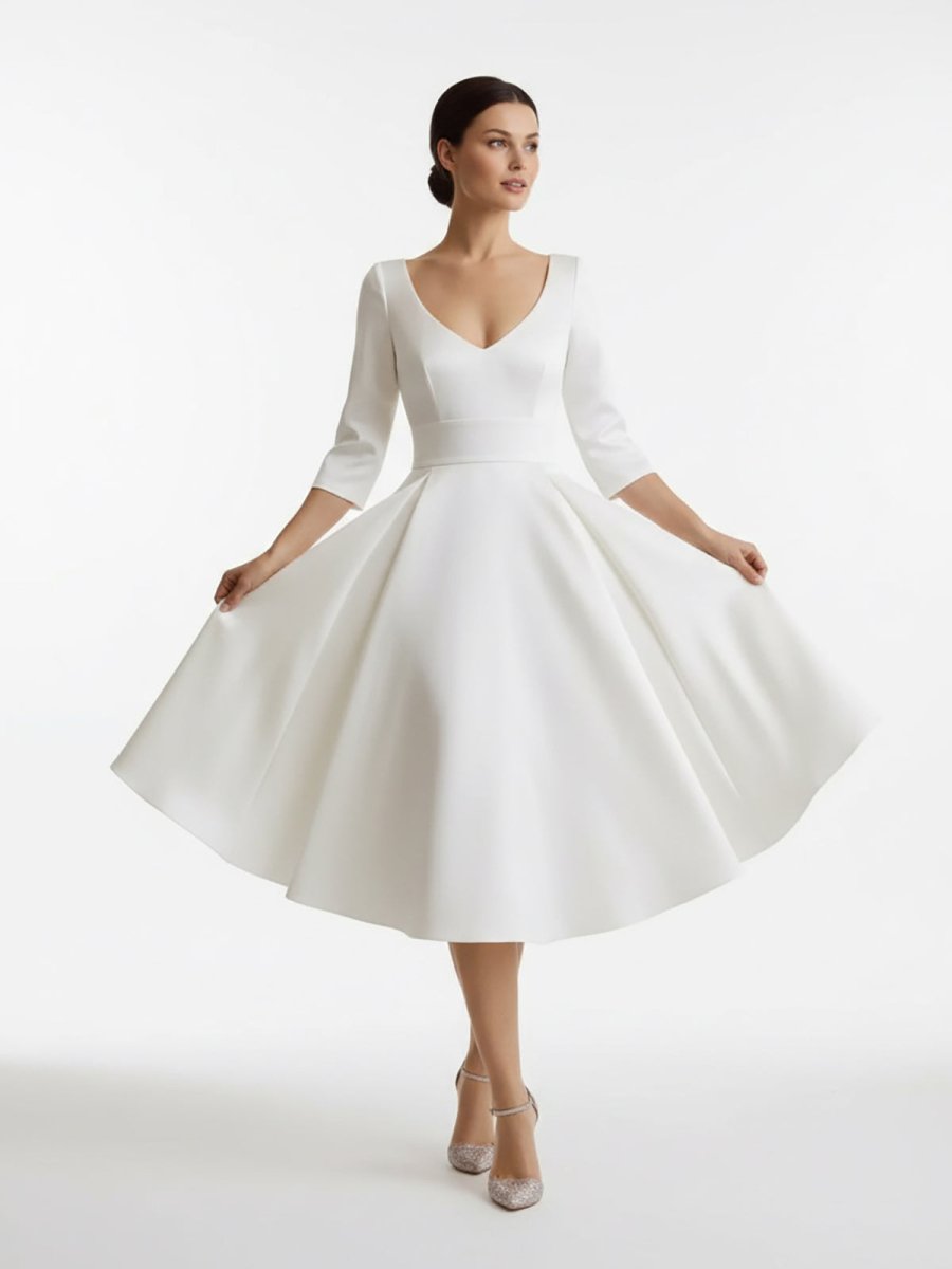 Blanca | Vintage Sleeved A - Line V - neck Satin Tea Length Wedding Dress - KissProm