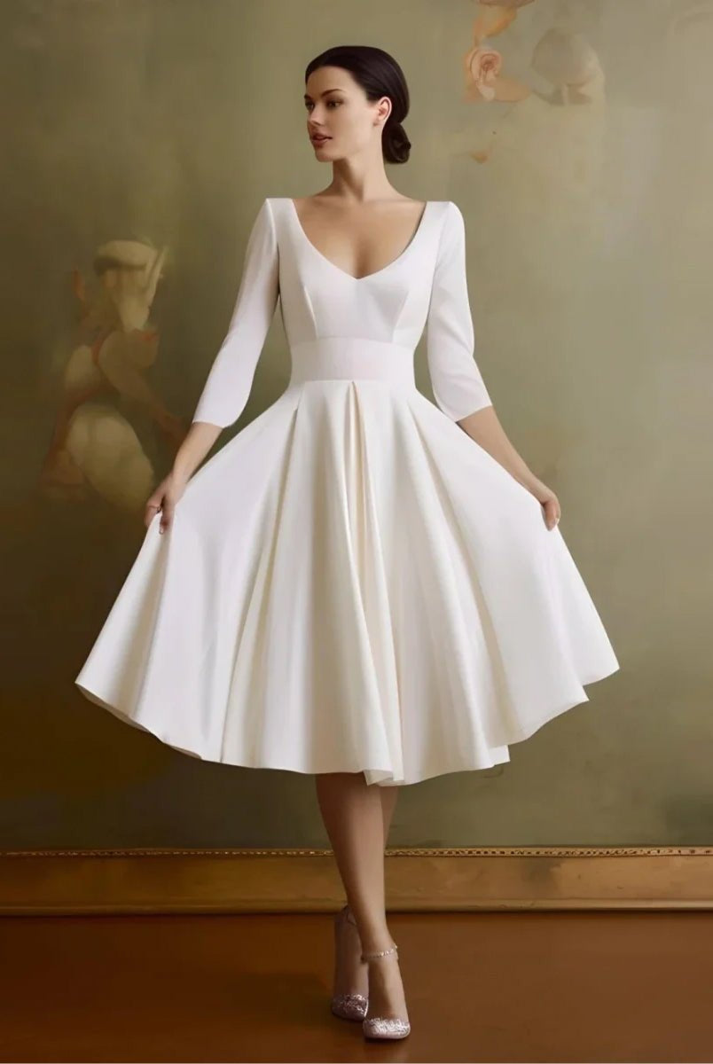 Blanca | Vintage Sleeved A - Line V - neck Satin Tea Length Wedding Dress - KissProm