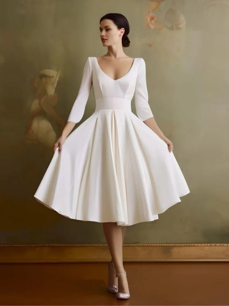 Blanca | Vintage Sleeved A - Line V - neck Satin Tea Length Wedding Dress - KissProm