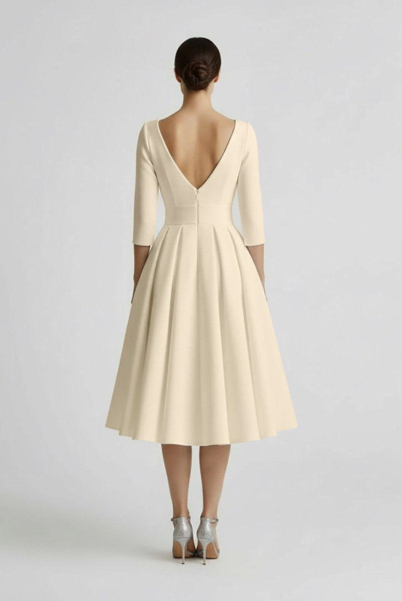 Blanca | Vintage Sleeved A - Line V - neck Satin Tea Length Wedding Dress - KissProm