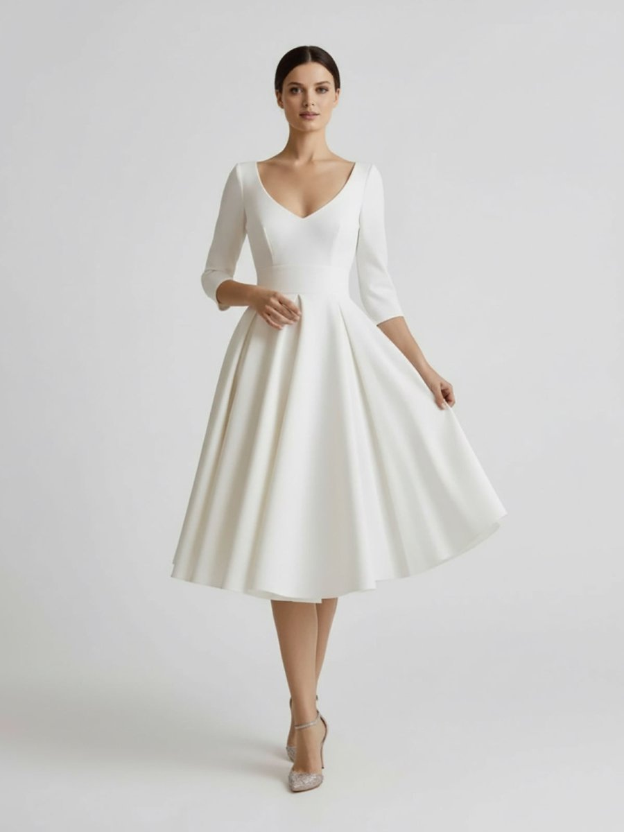Blanca | Vintage Sleeved A - Line V - neck Satin Tea Length Wedding Dress - KissProm