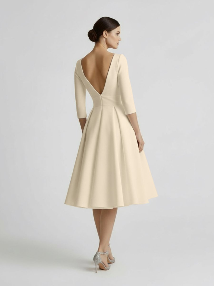Blanca | Vintage Sleeved A - Line V - neck Satin Tea Length Wedding Dress - KissProm