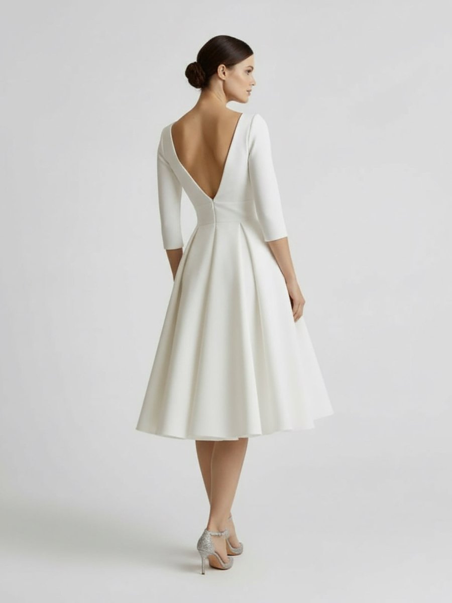 Blanca | Vintage Sleeved A - Line V - neck Satin Tea Length Wedding Dress - KissProm