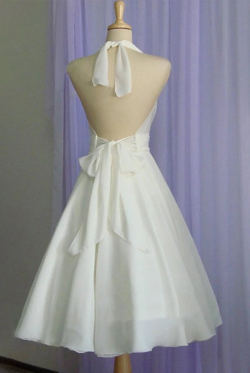 Sebella | Vintage Tea - Length Chiffon Wedding Dress With Halter Neck and Bow - KissProm