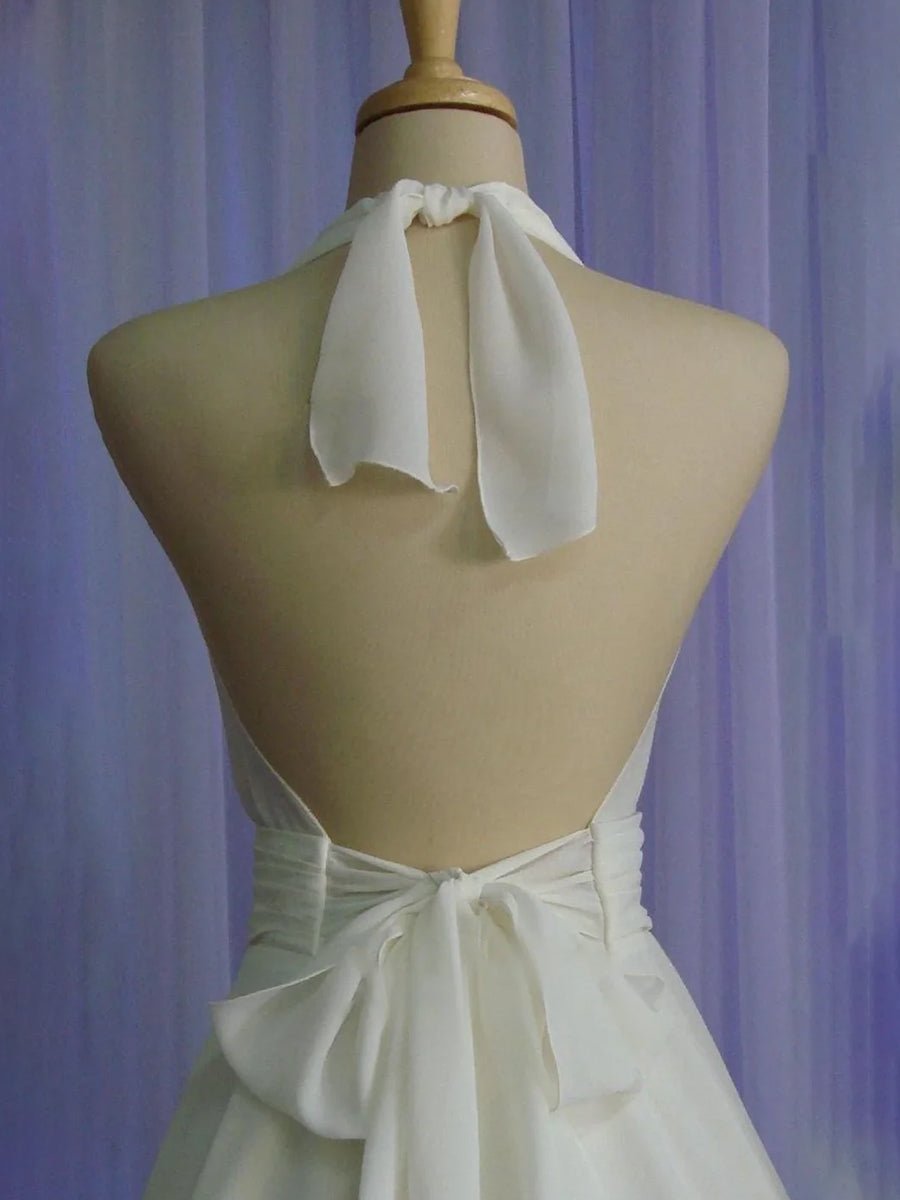 Sebella | Vintage Tea - Length Chiffon Wedding Dress With Halter Neck and Bow - KissProm