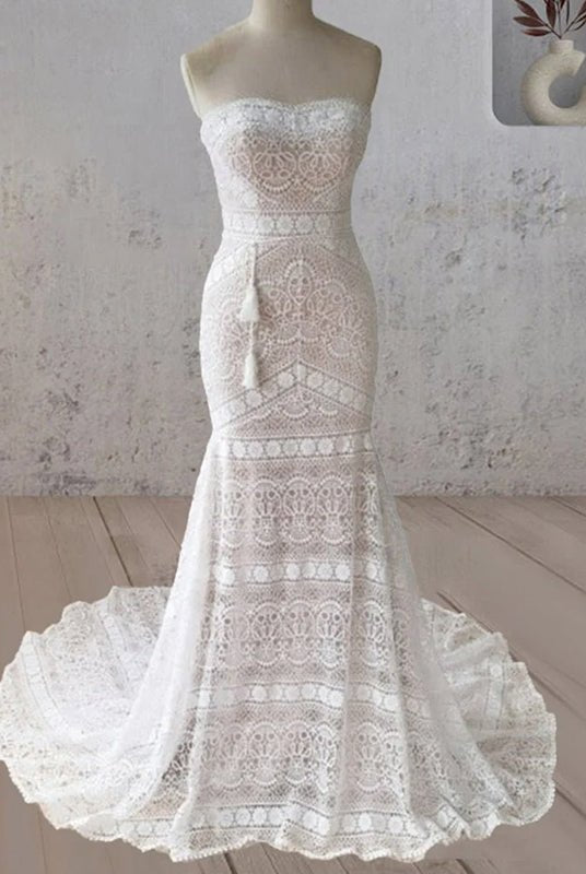 Vintage White Mermaid Lace Wedding Dress with Tassel - KissProm