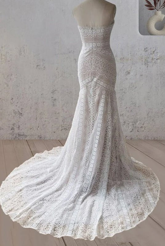 Vintage White Mermaid Lace Wedding Dress with Tassel - KissProm